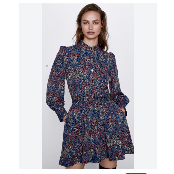 Zara Dresses & Skirts - ZARA BLUE FLORAL PRINT LONG-SLEEVE BUTTON-DOWN BELTED MINI DRESS WITH POCKETS